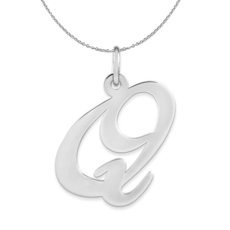 Silver, Ella Collection, Lg Fancy Script Initial Q Necklace - 24 In